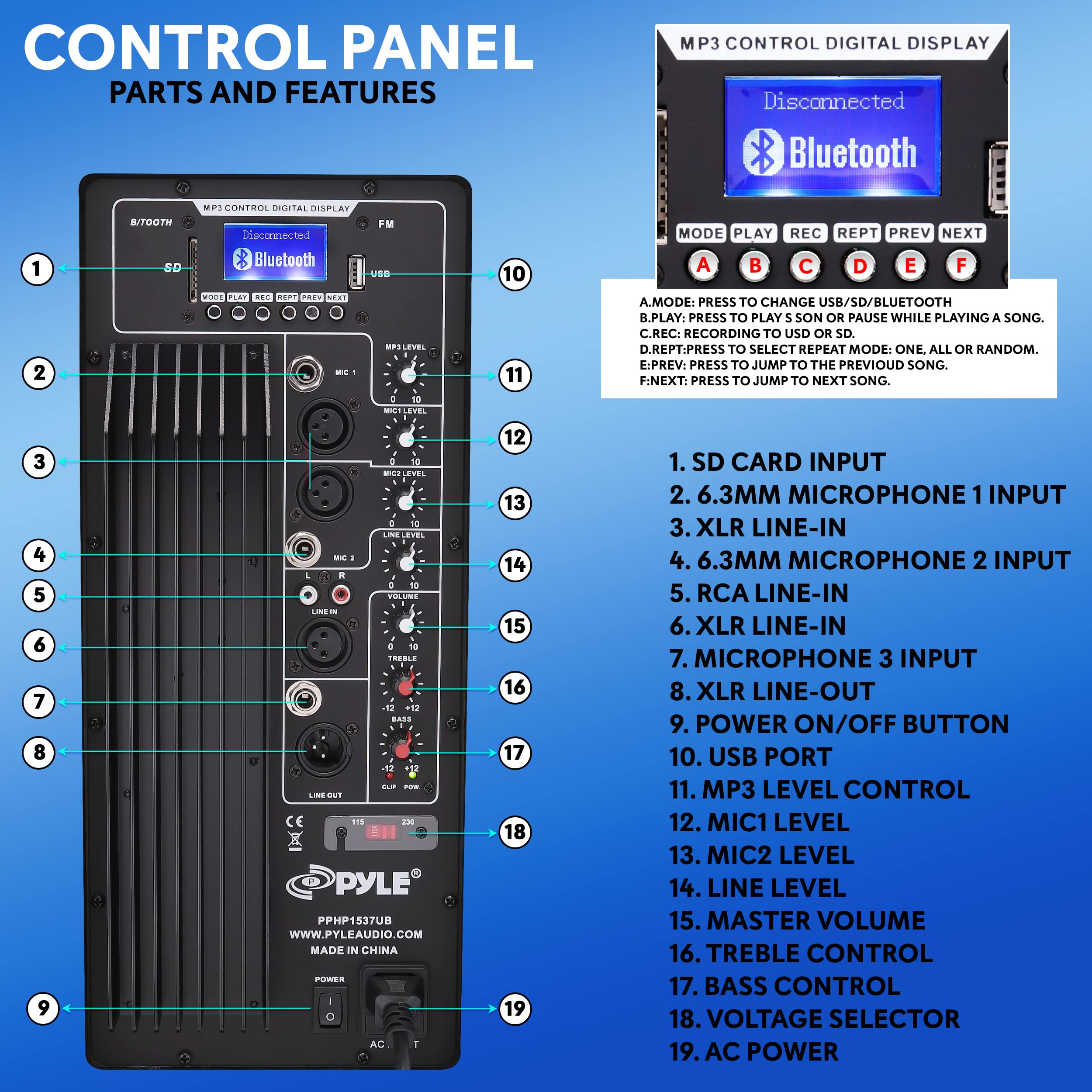 PYLE-PRO Powered Bluetooth PA Microphone System - 15'' Active Bass Subwoofer Loudspeaker Built-in USB for MP3 Amplifier - DJ Par